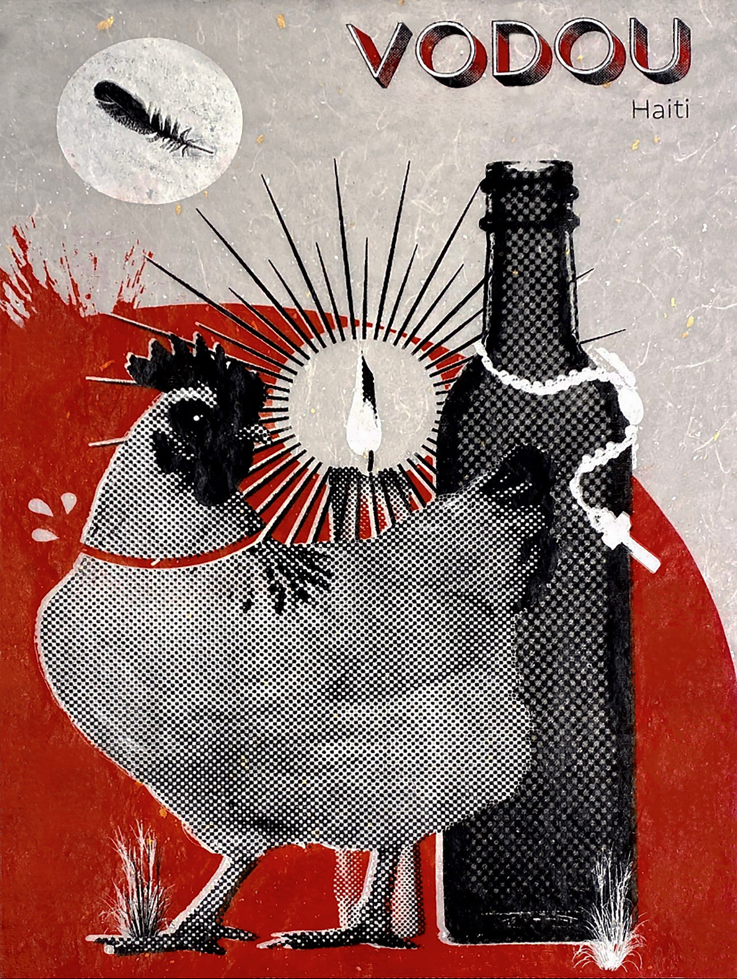 A white, black, and red print of a chicken, a candle, a bottle, and a rosary. The objects are surrounded by a red circle. At the top of the print is the word 