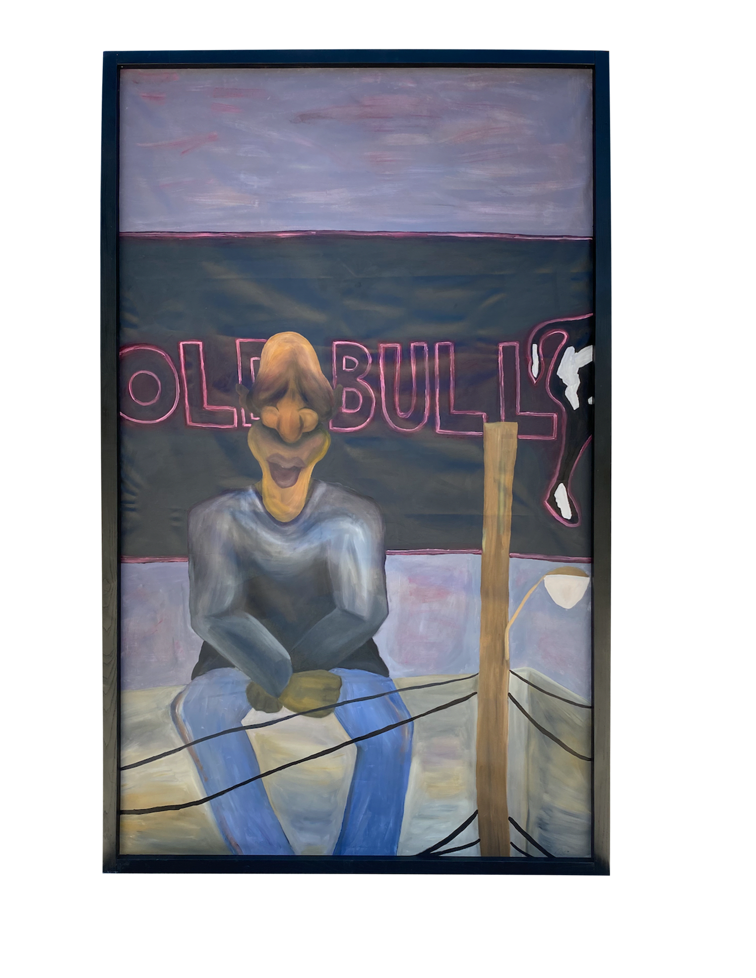 An abstracted painting of a Black figure sitting on top of a historical building in front of the Old Bull neon sign downtown Durham during dawn.