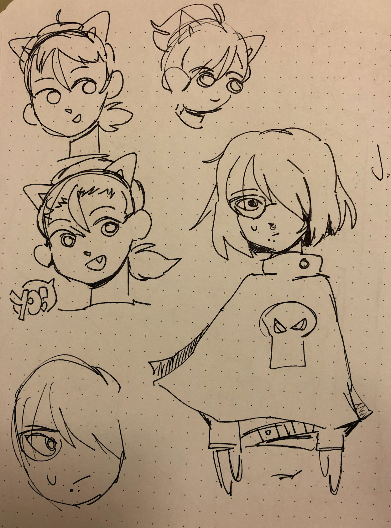 These are sketches to plan out the characters in McCanney Middle School Anime Club. This image shows initial plans for Caroline and Jasper. Caroline's bangs are pushed back by a headband with cat ears on them. Jasper is wearing a longer cape that reaches his waist.