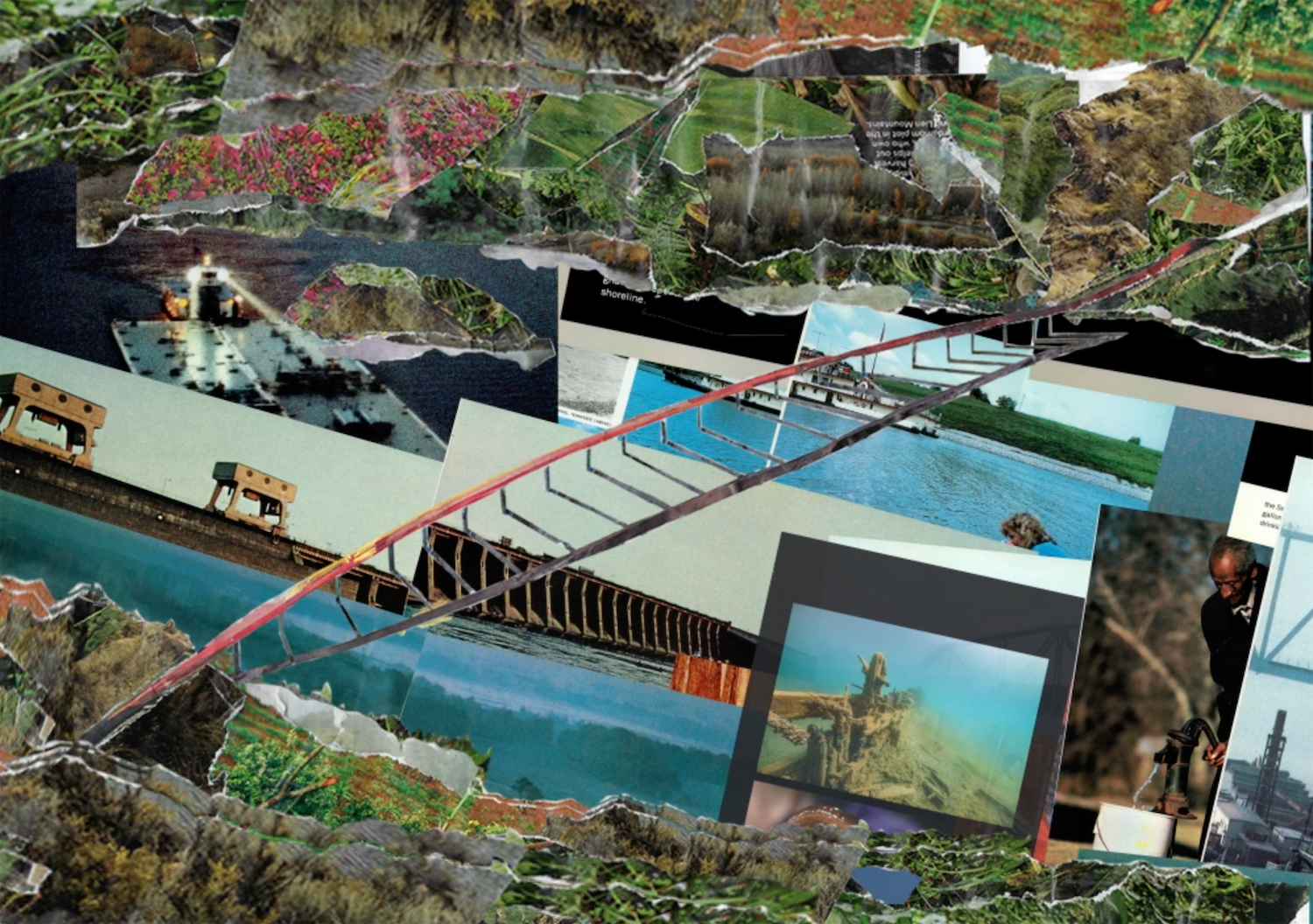 A bridge with a river of text media and photographs