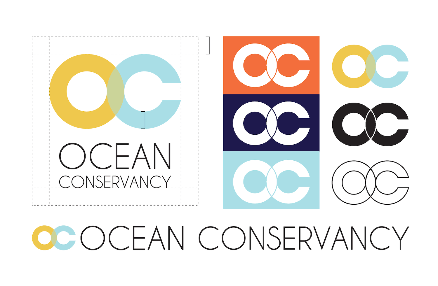 The New Ocean Conservancy logo Mocked up with spatial guidelines, and alternate logos shown over differing colors.