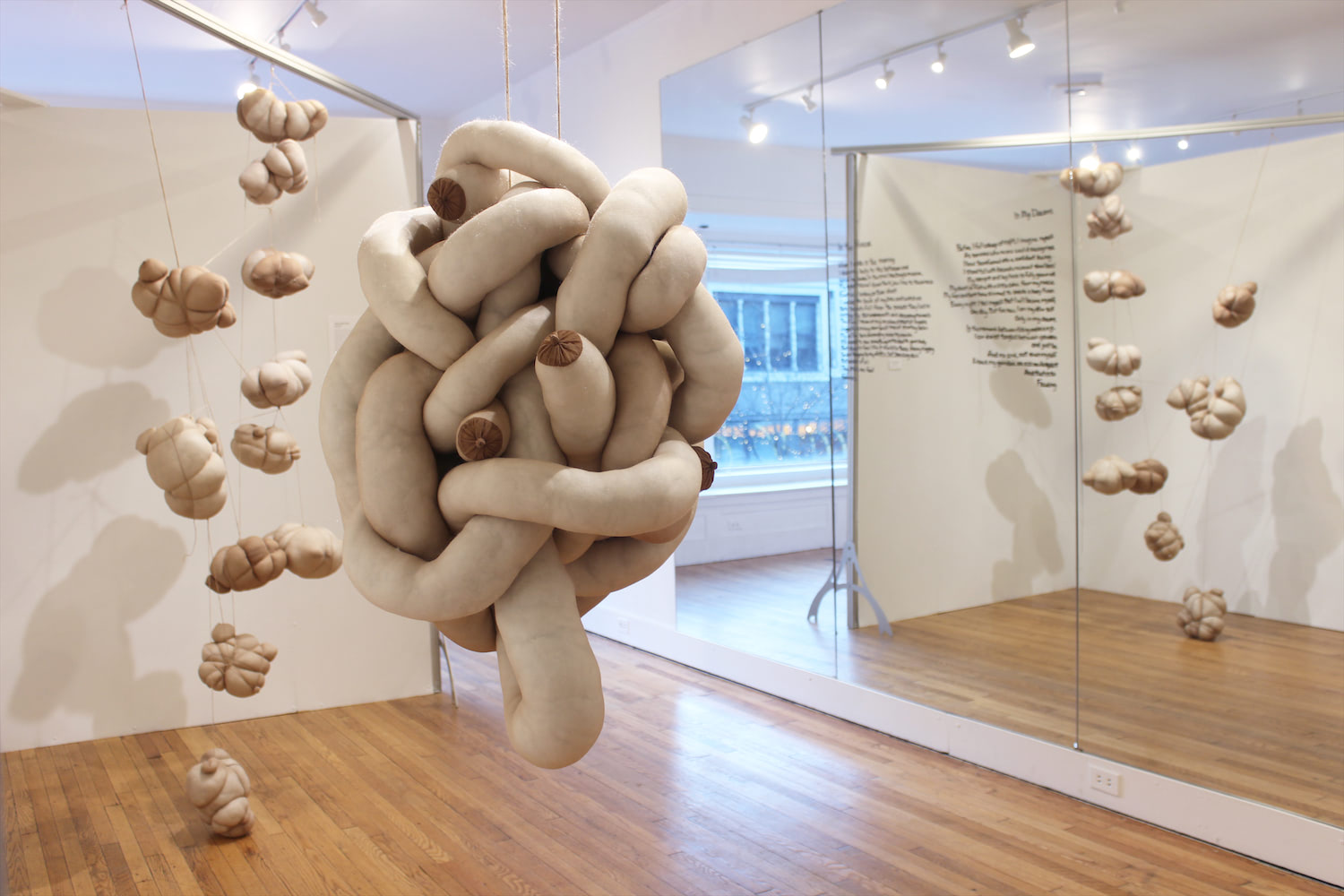 This image shows the whole installation, which includes two soft sculptures, a large mirror mounted on the wall opposite to the sculptures, and two poems written on the mirror.