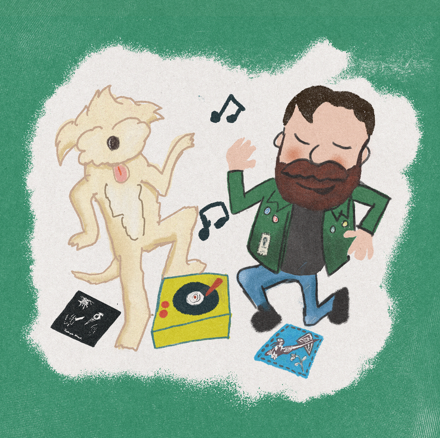This isn't in the book, but a cartoon drawing of me and my pup rocking out! 

Thanks for checking out my work. Please visit the site to read the first half of the book, check out the accompanying playlist (not of the racist stuff, don't worry!), and sign up for updates on the finished book, and anything related to it!!
