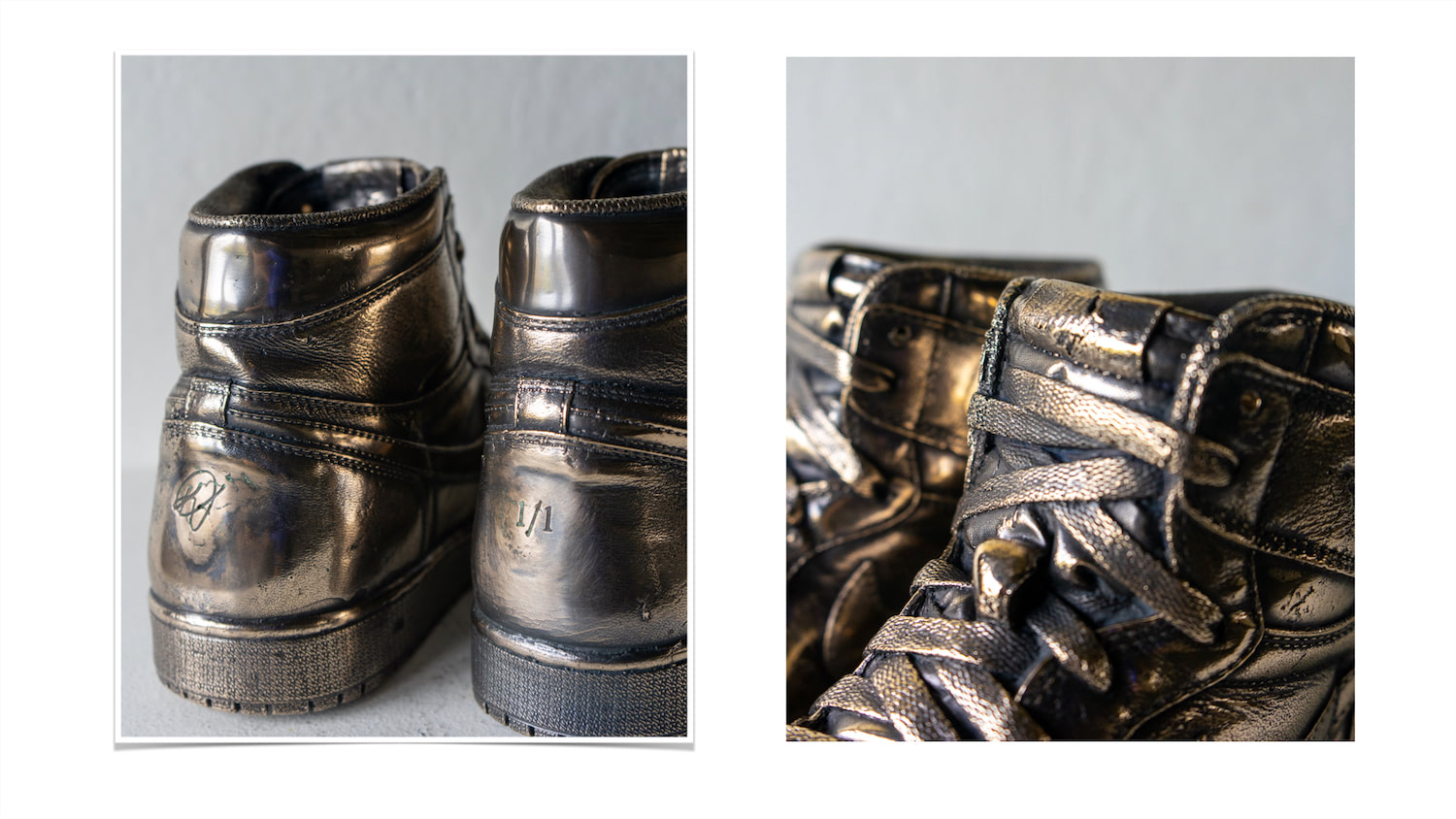Two photographs show cropped views of the heel and tongue, polished bronze highlights, and a black patina in recessed areas.