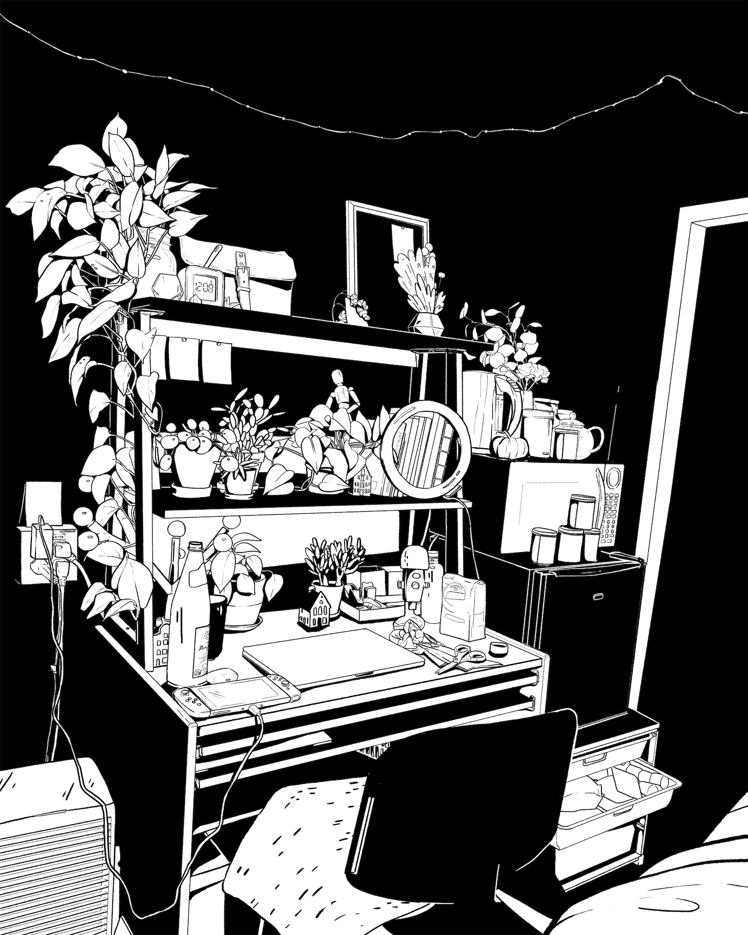 Black and white illustration of a cluttered desk, next to a mini fridge and microwave.