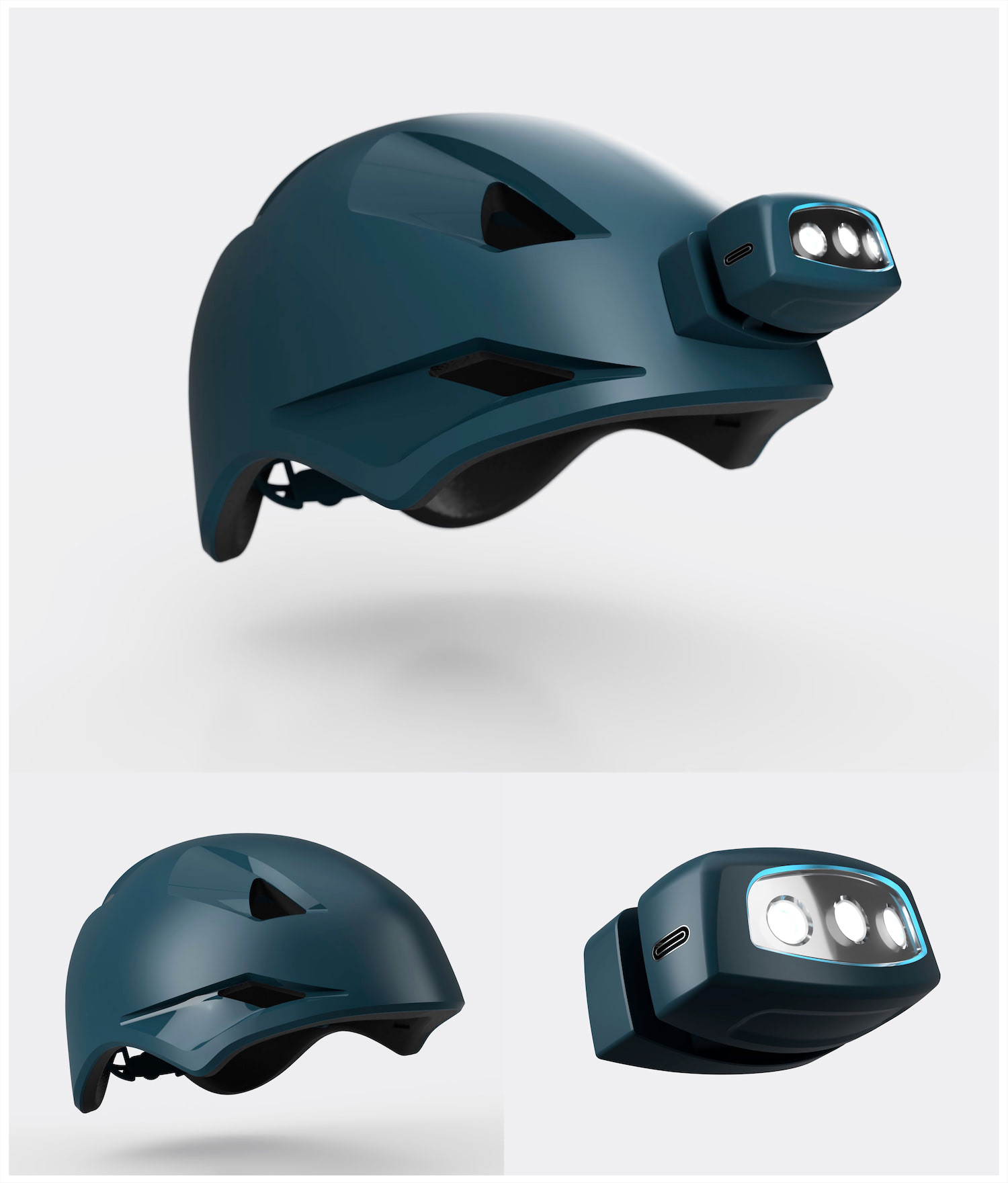 Alpinight system overview, displaying the helmet, headlamp, and helmet/headlamp combination.