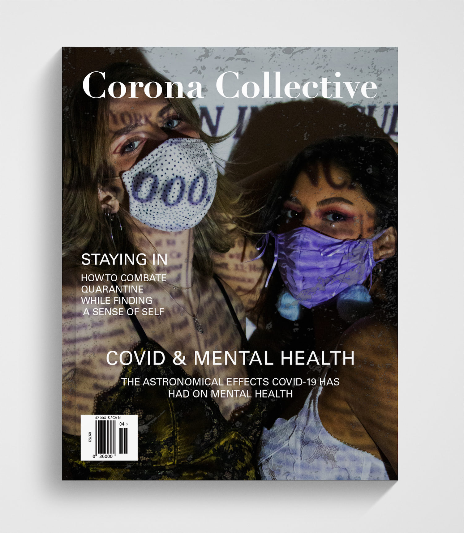 Corona Collective Cover featuring two female models wearing masks while there is a New York Times article projected over both of them. One model has short blonde hair with a light skin tone wearing a white polka-dotted face mask and the other has longer dark brown to black hair and is of a tanner skin tone wearing a purple ruched face mask. The image is editorial and posed but slightly dark and moody.