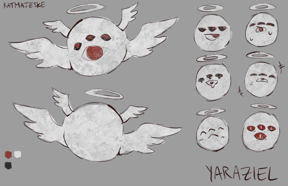 Visual reference for Yaraziel, one of the main characters in the McCanney Middle School Anime Club project. Yaraziel is an otherworldly being, his body consists of a large sphere with four wings attached to it. On his face is one large eye with a deep red pupil and above it are three smaller eyes. Above Yaraziel's body is a floating halo.