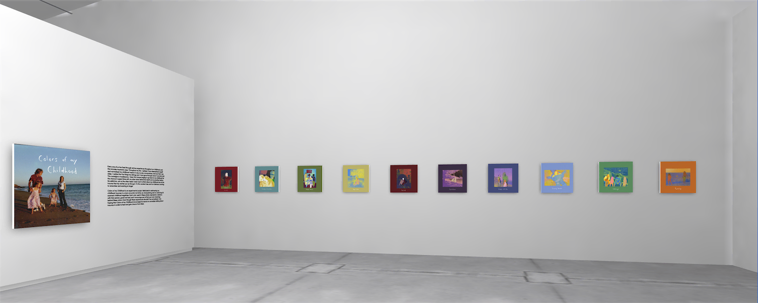 This image shows a 3D rendering of what the exhibition would look like in person. There is one wall dedicated to the opening photo along with my artist statement, and adjacent to that wall are the 10 re-colorized photos in chronological, linear order.