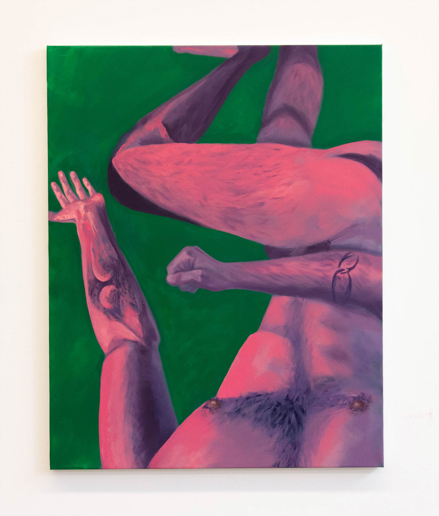 This image displays a body composed of pinks and purples in a vast green space. The oil painting depicts a man's body from his point of view with arms sprawled out. One hand is clenching and the other is open, reaching for something. One leg is crossed over the other which implies a laying position, yet the context of which is absent.