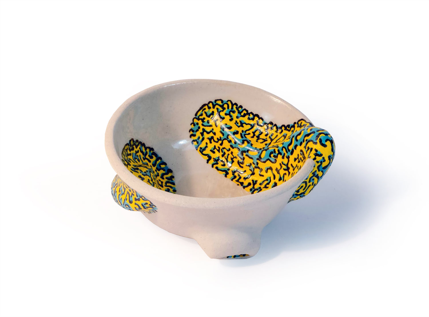 An image of a white bowl form with a blue, yellow, and black line pattern that covers sculptural surface additions that move from the exterior to the interior.