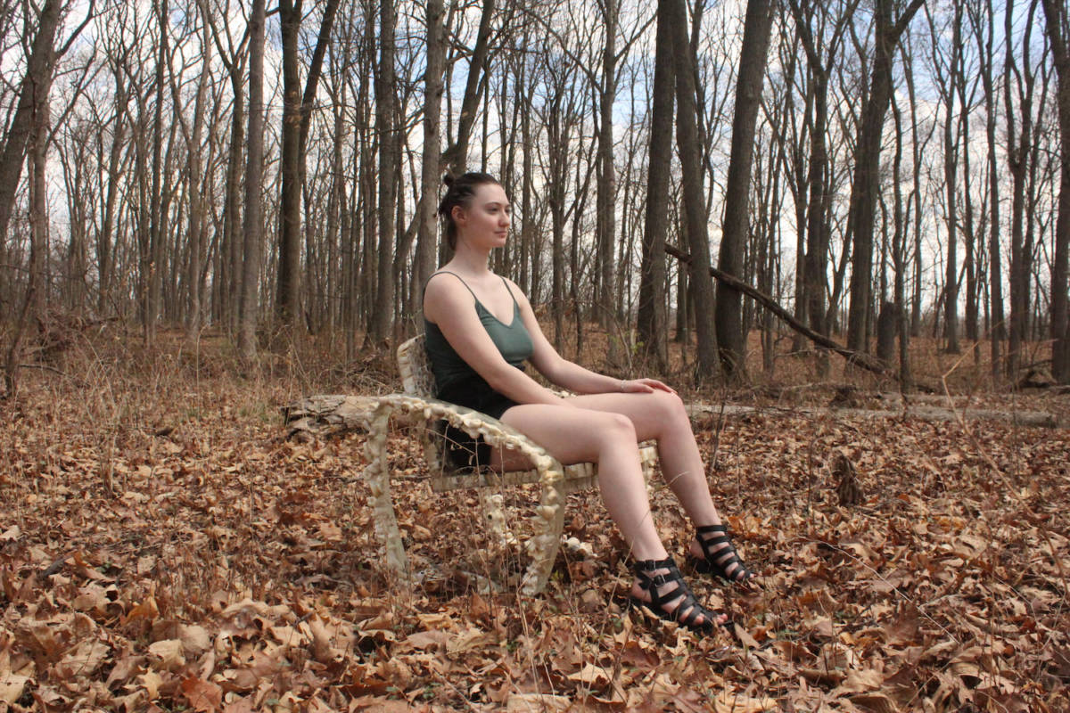 Ellie Ward sitting in the Bone Chair.
Special thanks to Ellie Ward who put up with the bone dust and smells, was a great supporter of the project, and mode of transportation throughout.