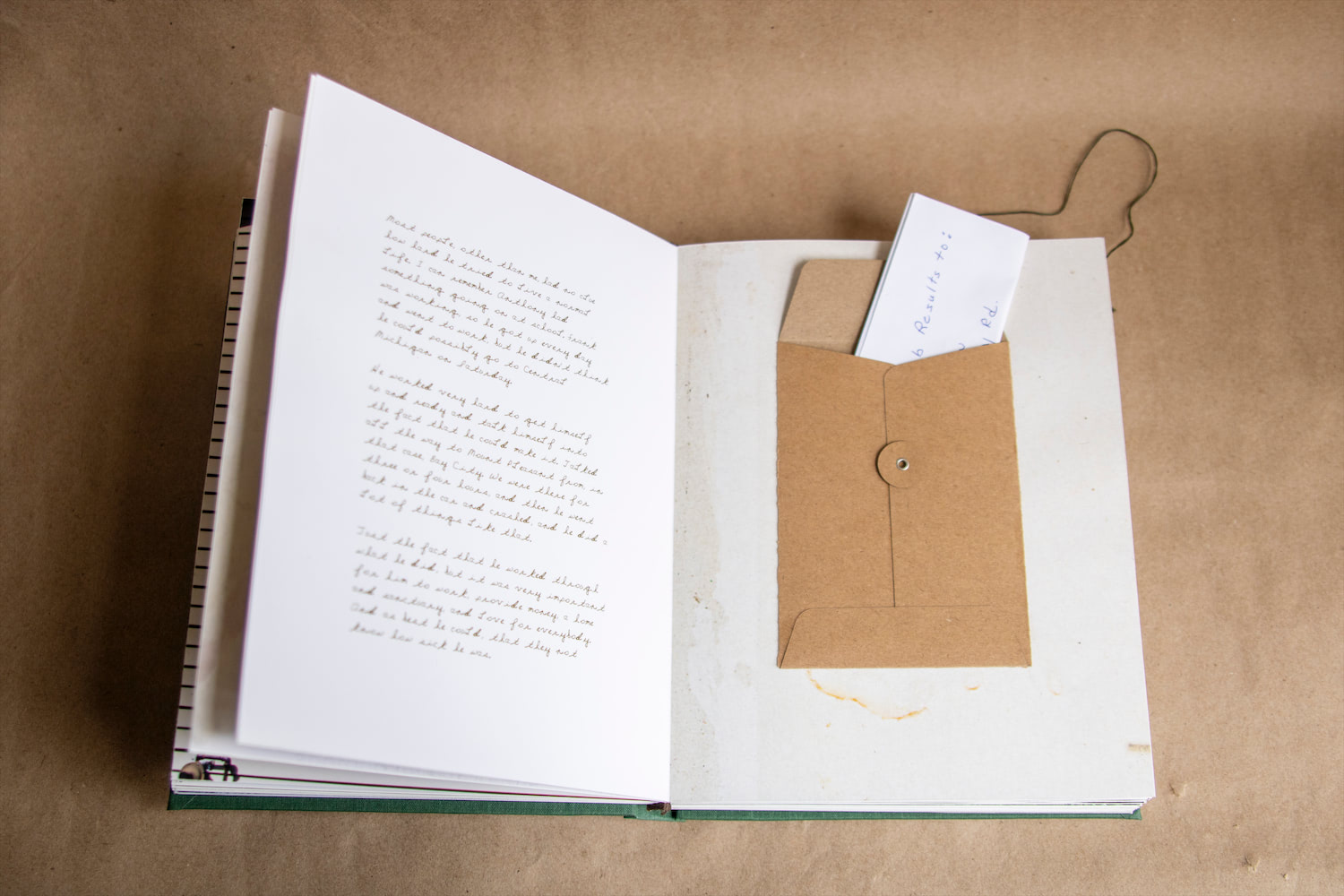 An opened spread of a book showing a body of text on the left and a handmade pocket with a note tucked inside it on the right.