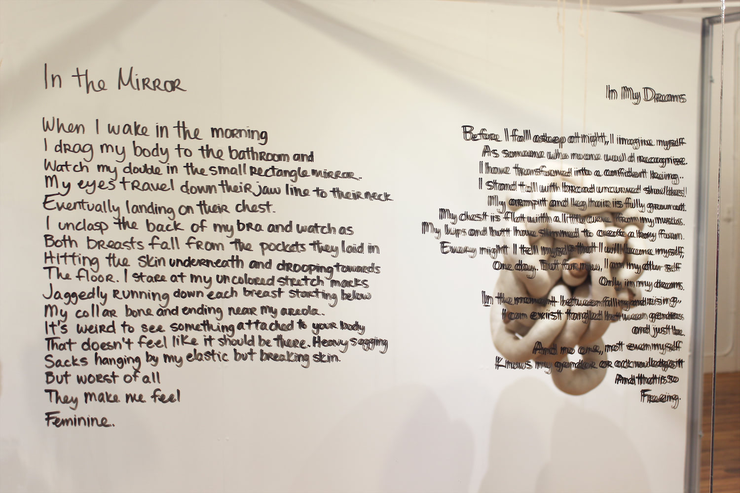 This image shows the written poems on the mirror, along with the reflection of the knotted sculpture.