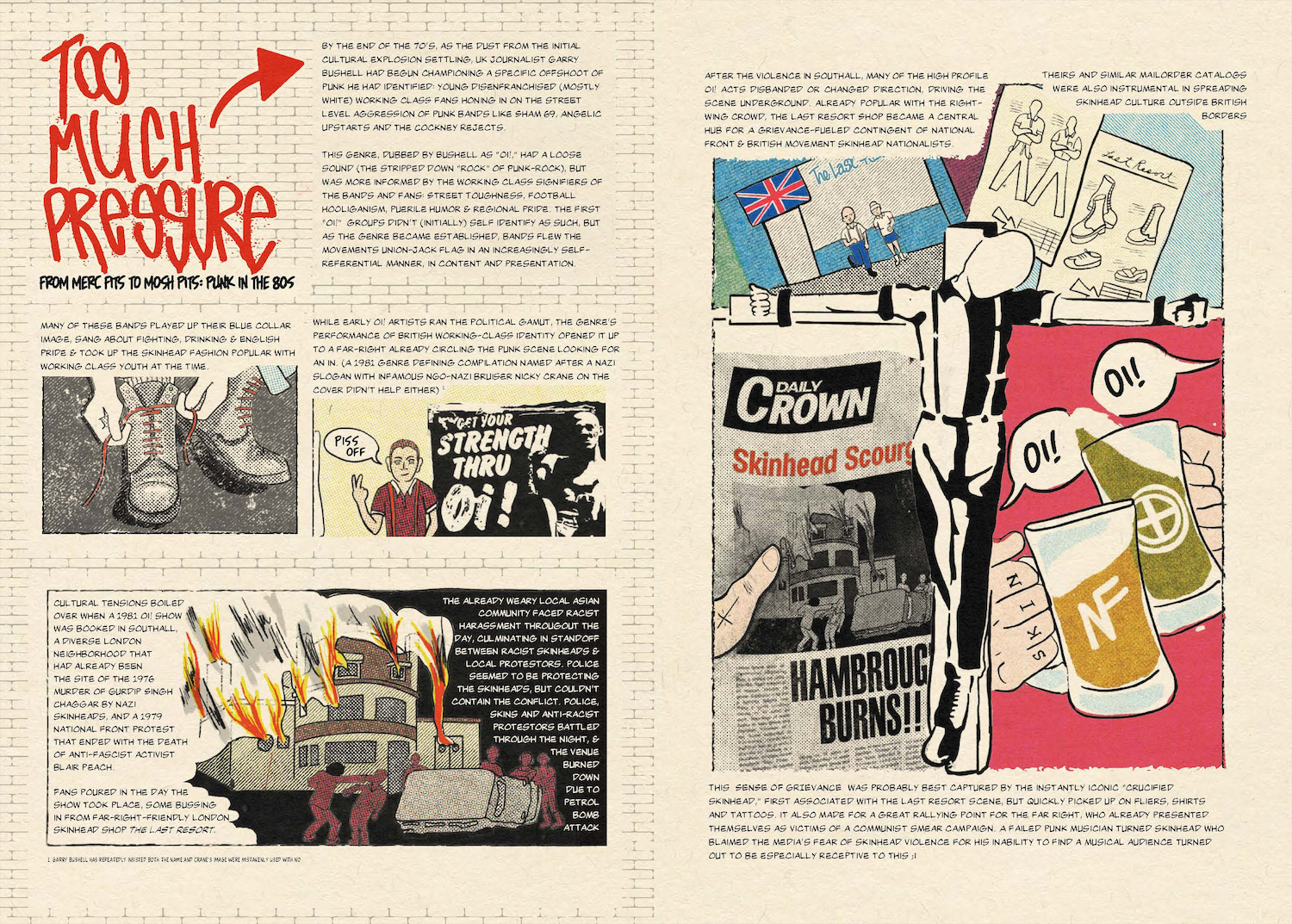 A four-color style comic book spread- with a stylized title that says 