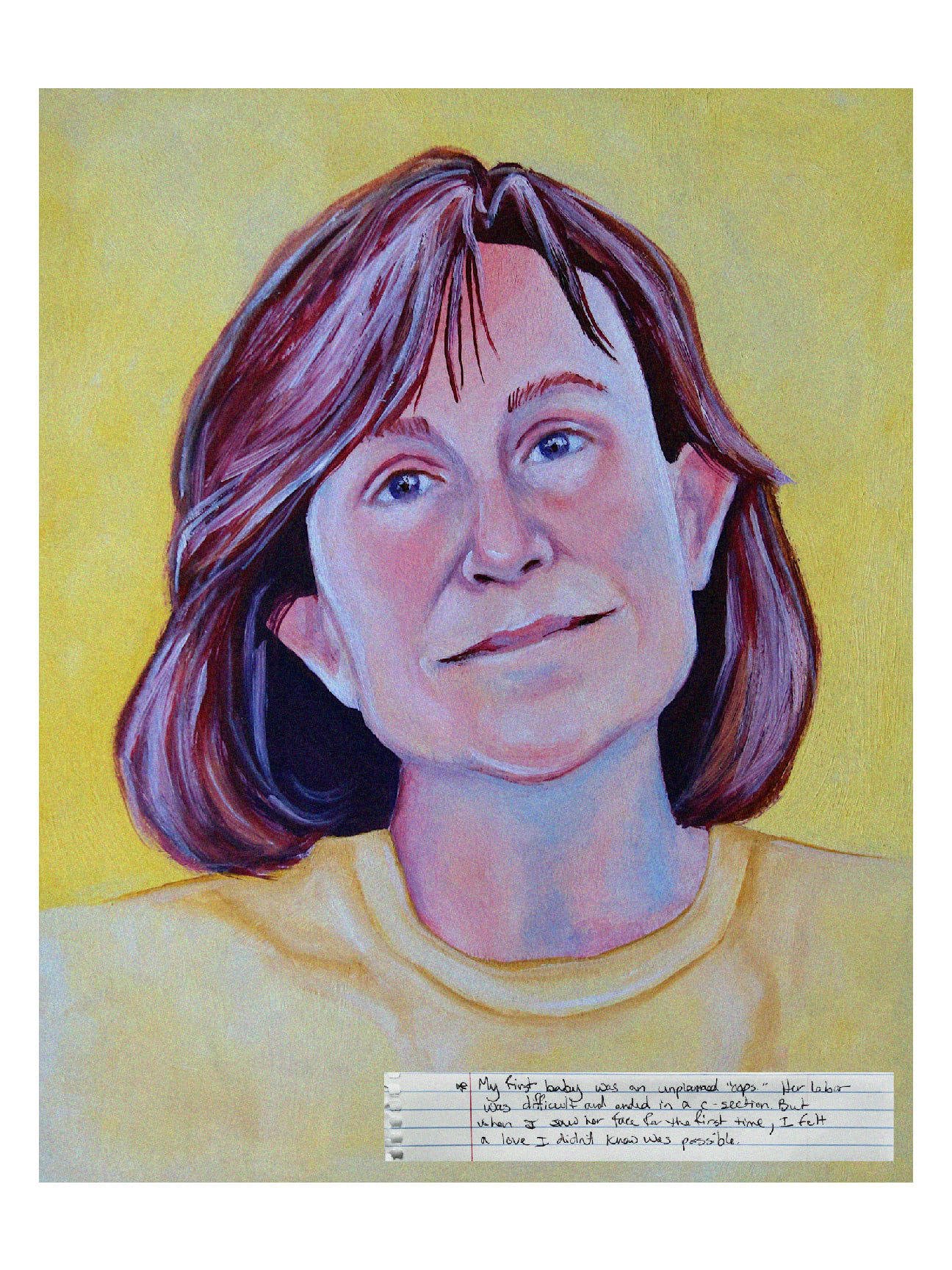 A painting of my mom, a brunette with bangs, looking at the viewer with a content and peaceful look on her face.