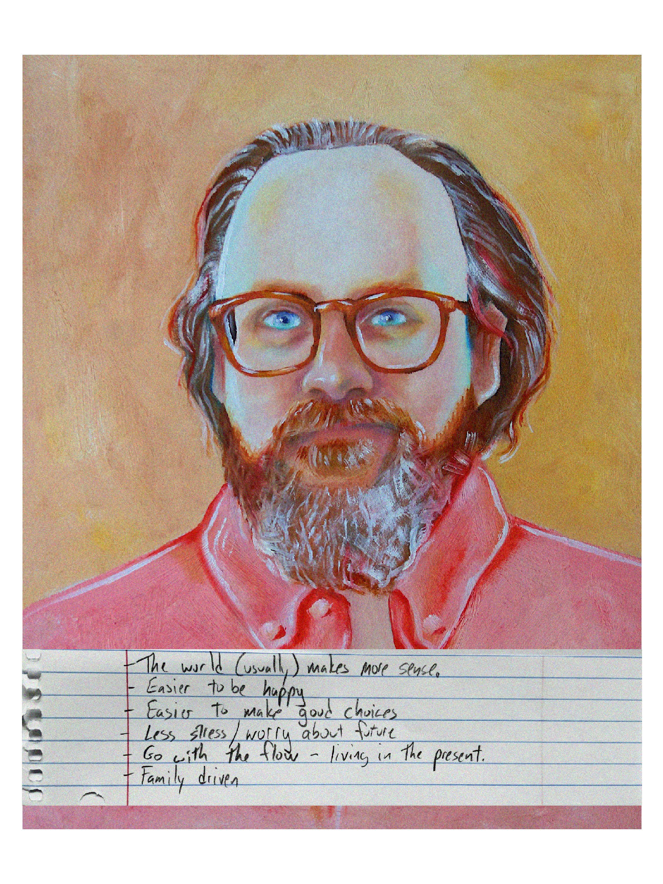 A painting of my dad, a man with a red beard and glasses, looking peacefully at the viewer.