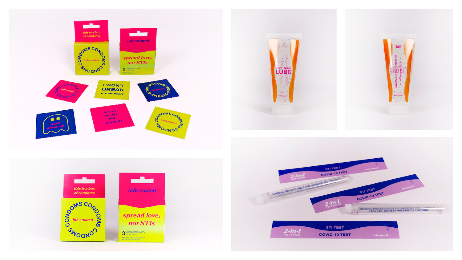 CASUAL-19 Products: condoms, sanitizing lube, and 2-in-1 COVID-19 / STI test swabs