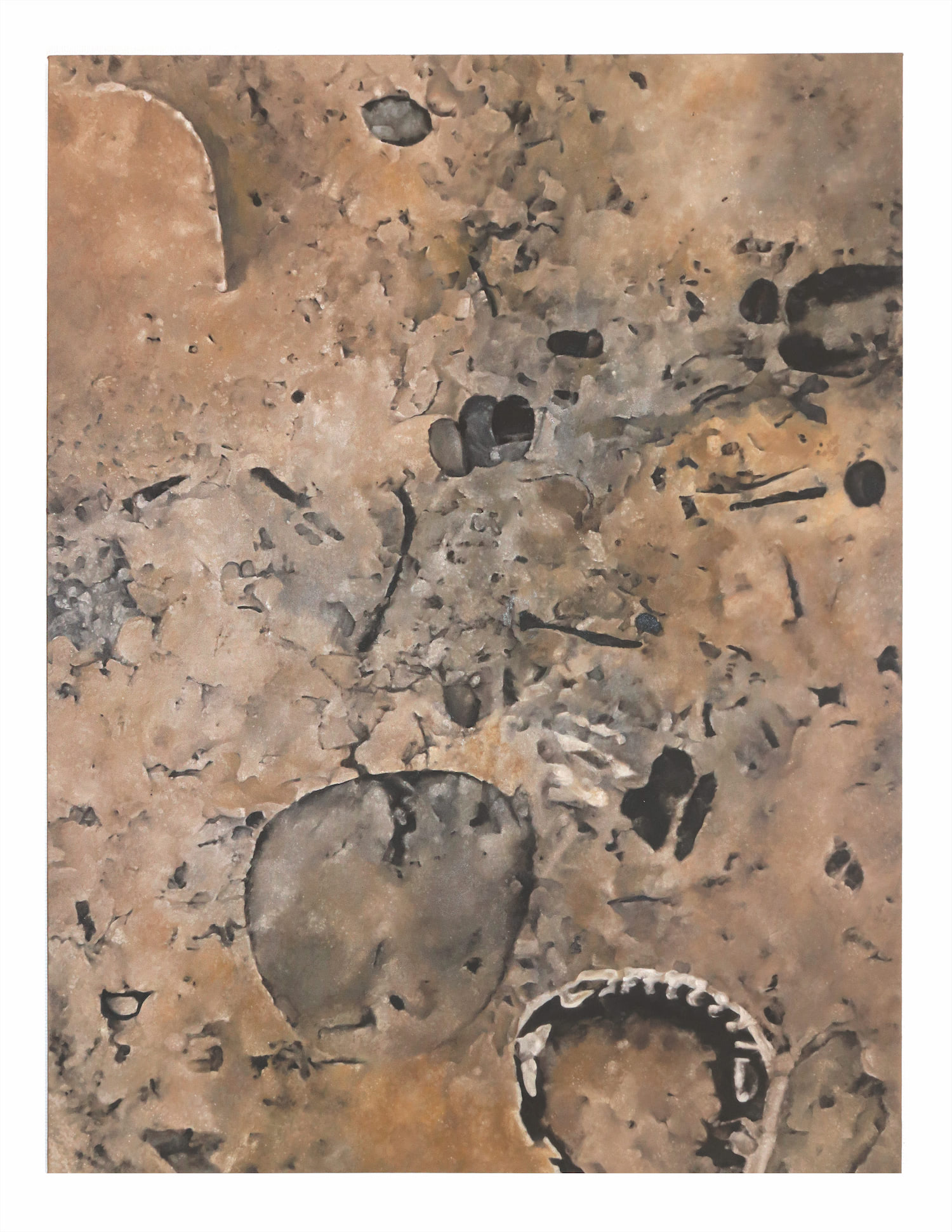 A brown and grey sedimentary rock speckled with dark holes and crevices painted on a vertical, rectangular canvas. Embedded in the surface are fragments of tiny bones and fossils from various organisms.