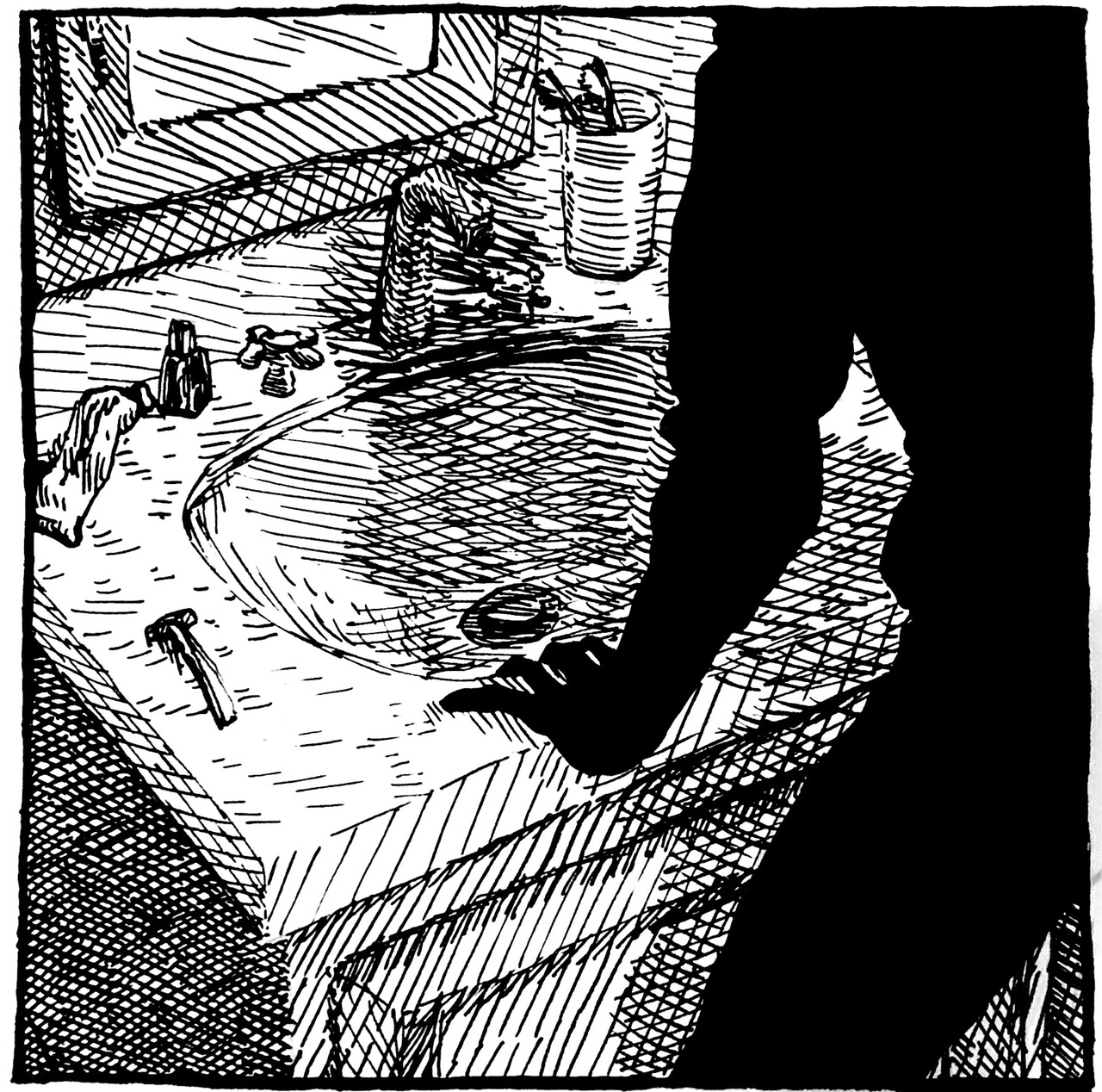 A square pen-and-ink crosshatching illustration of a silhouetted figure leaning over a bathroom sink.