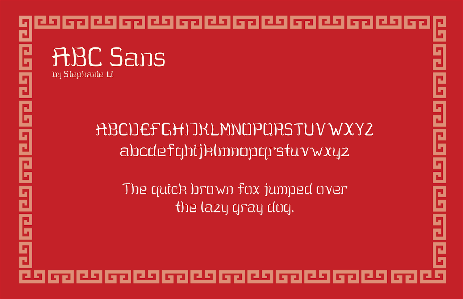 A red image of a font demonstrated in both capital and lowercase letters. It is surrounded by a Chinese-style border.