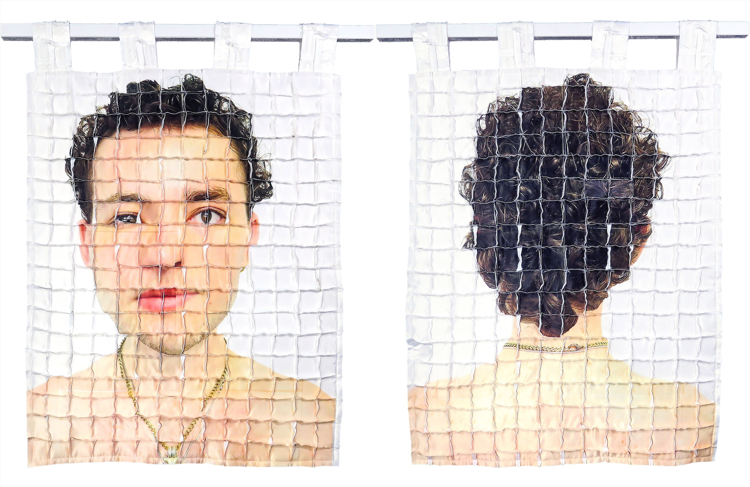 Left: Front side of quilt #3 with the artist's face distorted by a gridded system of seams that are sticking out. Right: Back side of quilt #3 with the back of the artist's head and shoulders distorted by a gridded system of seams that are sticking out.