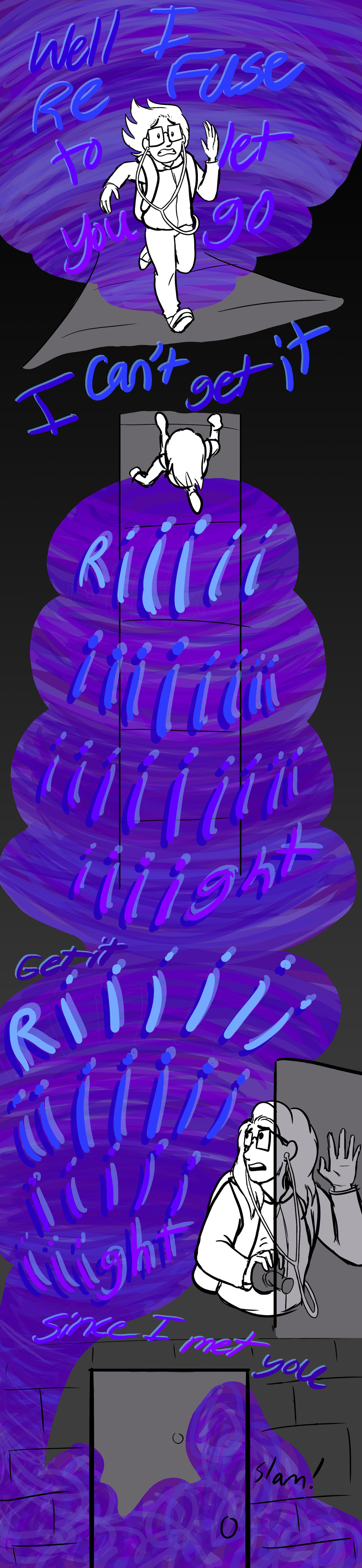 I run away from a tornado of purple clouds, not wanting to be disintegrated like my peers. Lyrics in the cloud read 