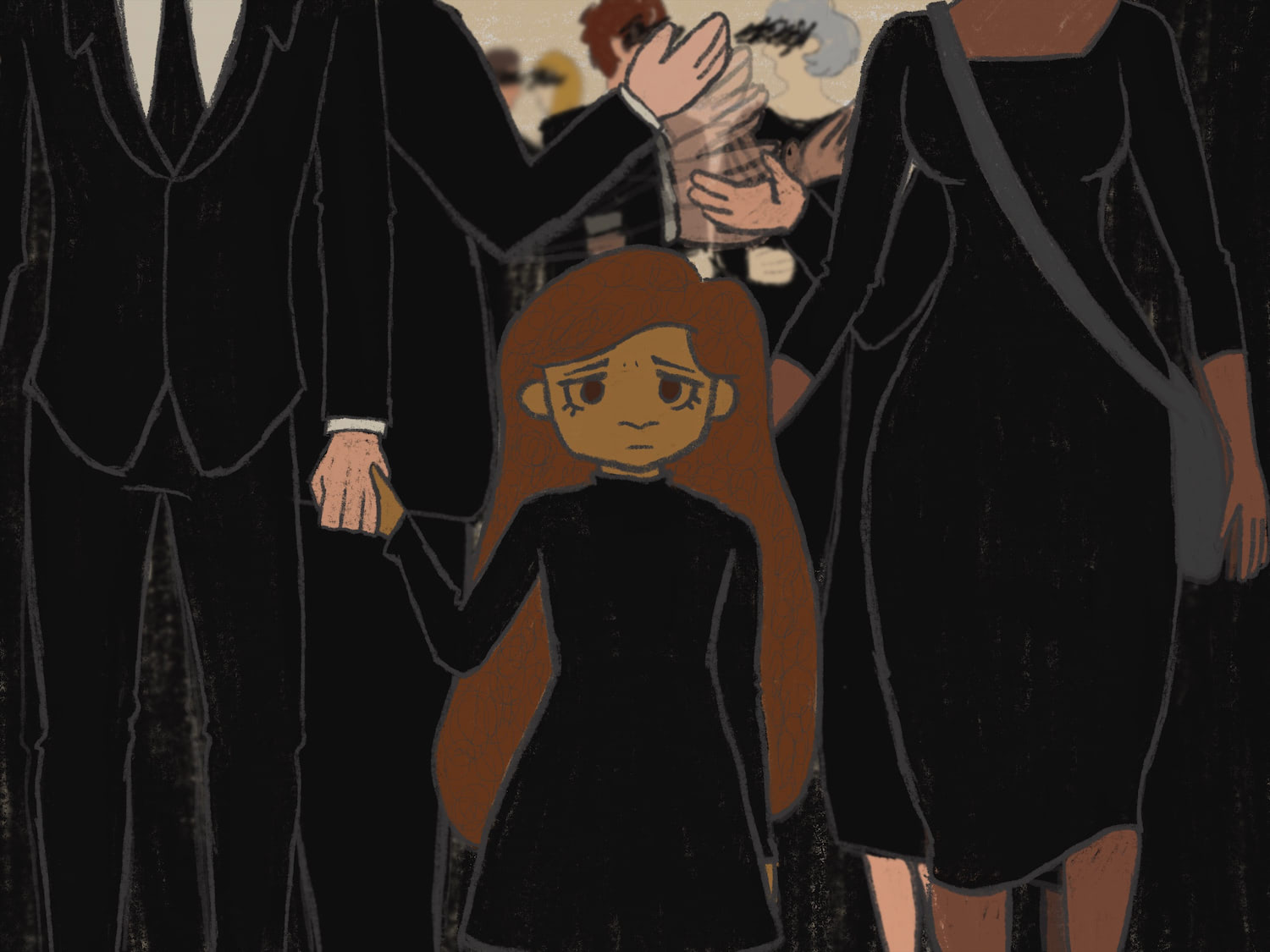 A young girl walking hand in hand with her parents at a funeral. A crowd of funeral goers are talking in the background.