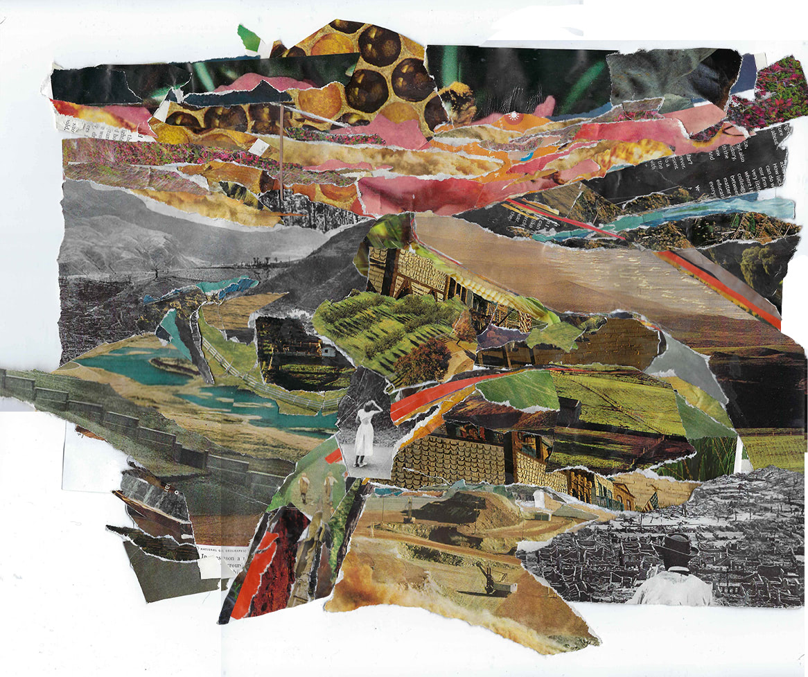a mountain, lots of sandy tones, sunset, human interaction with landscape, paper collage