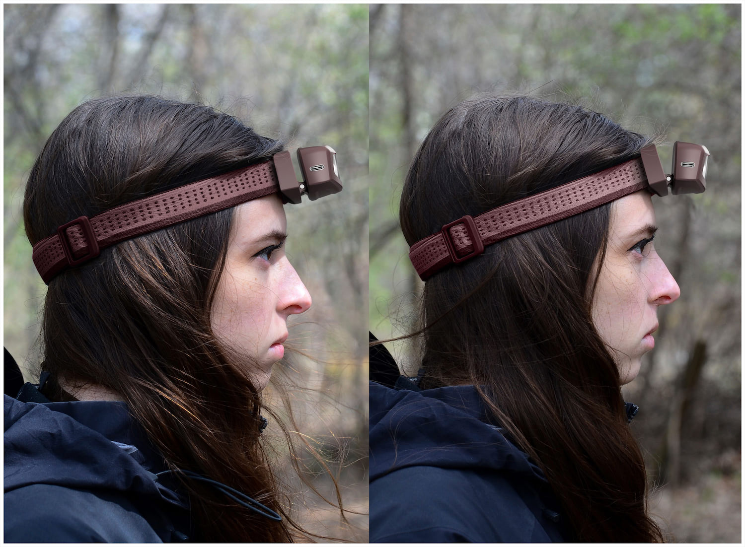 Alpinight headlamp in two positions on user's head.