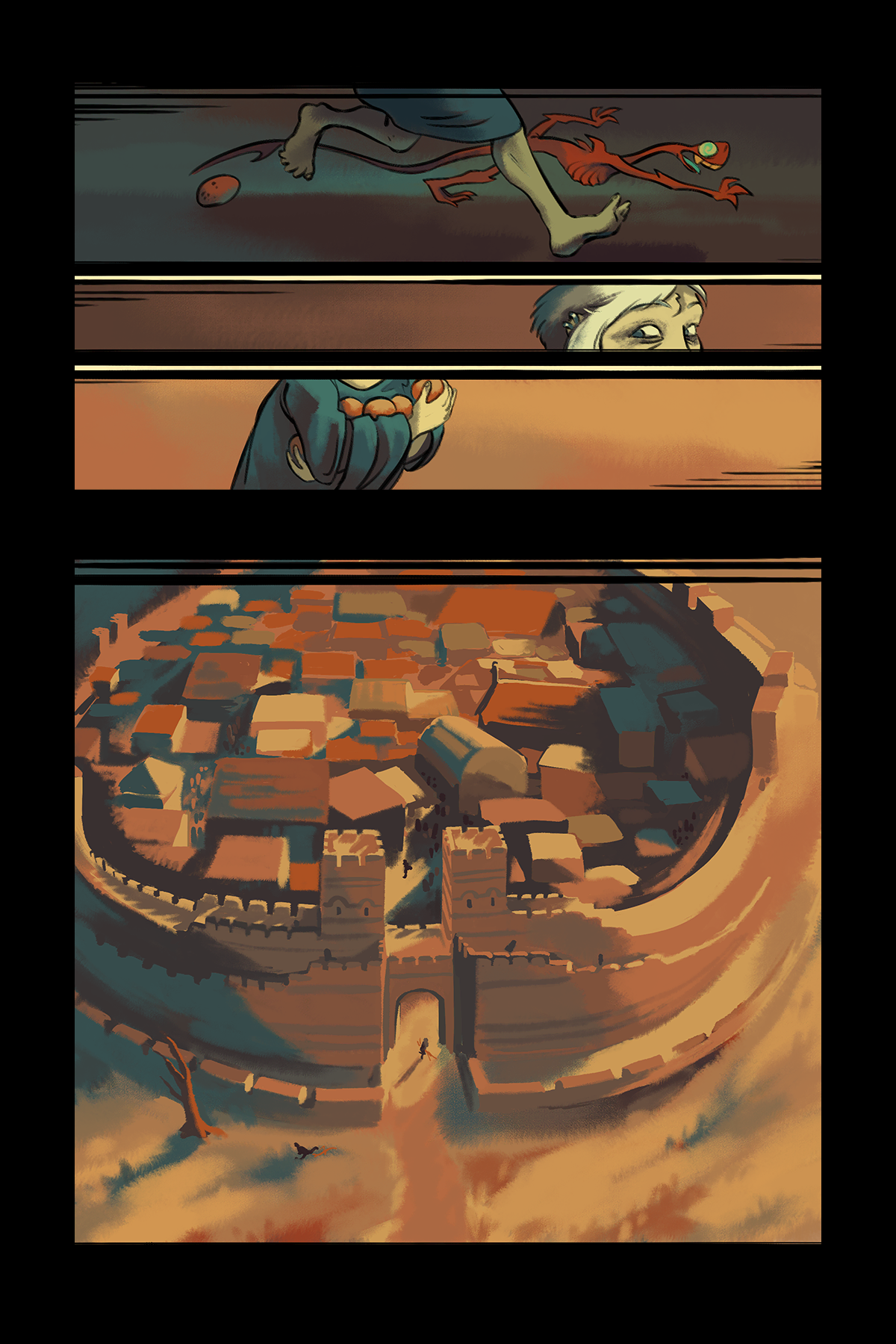 Three long narrow panels- the first showing someone's feet as they're running, with the lizard-like creature from previous images on their heels; the second showing their nervous eyes as they look over one shoulder; the third showing several oranges they're clutching to their chest. Then there is a large zoomed out panel showing the gates of a walled city at sunset, with a tiny figure of a person running out the gates.