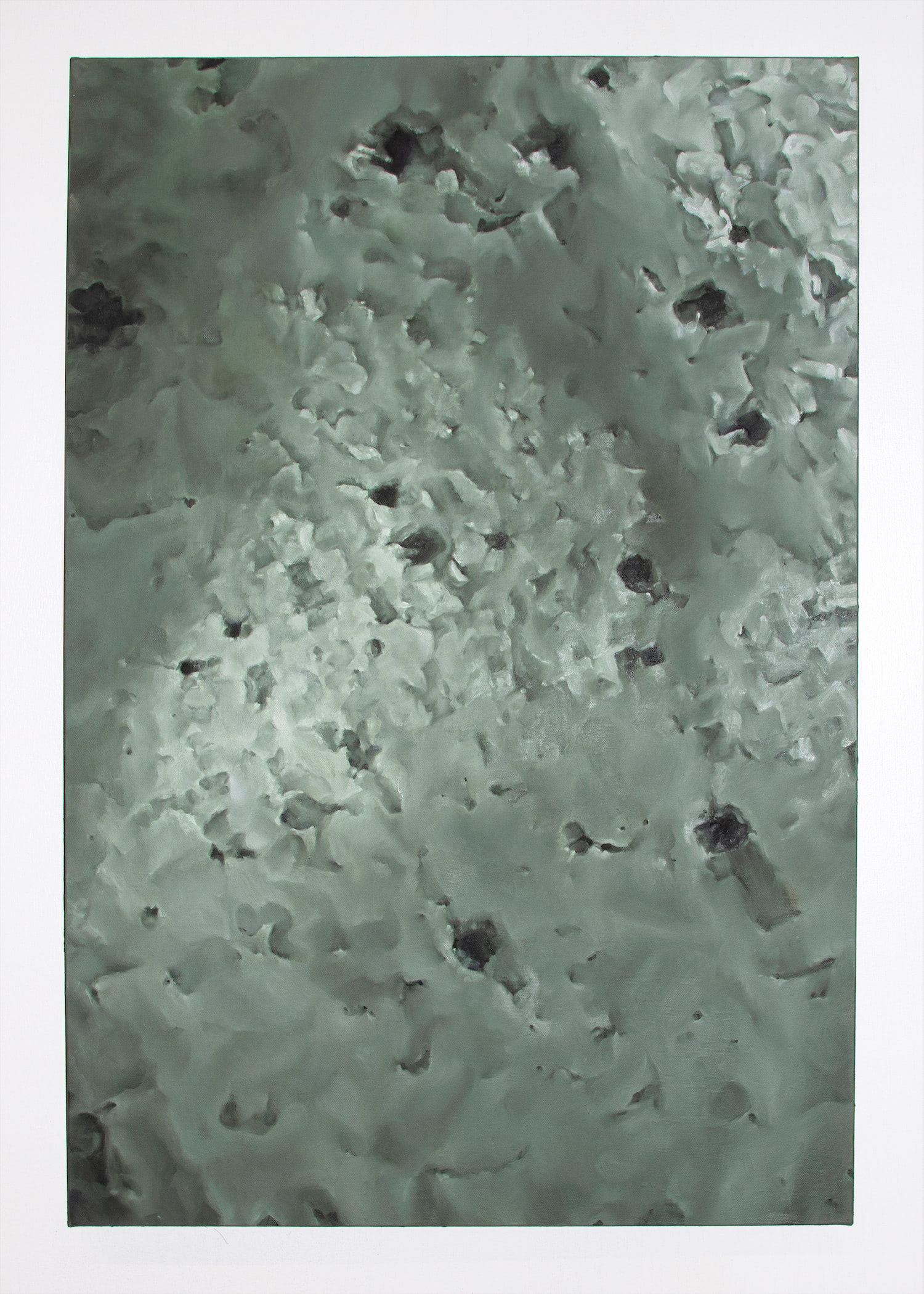 A teal colored stone with a porous surface painted on a vertical, rectangular canvas.