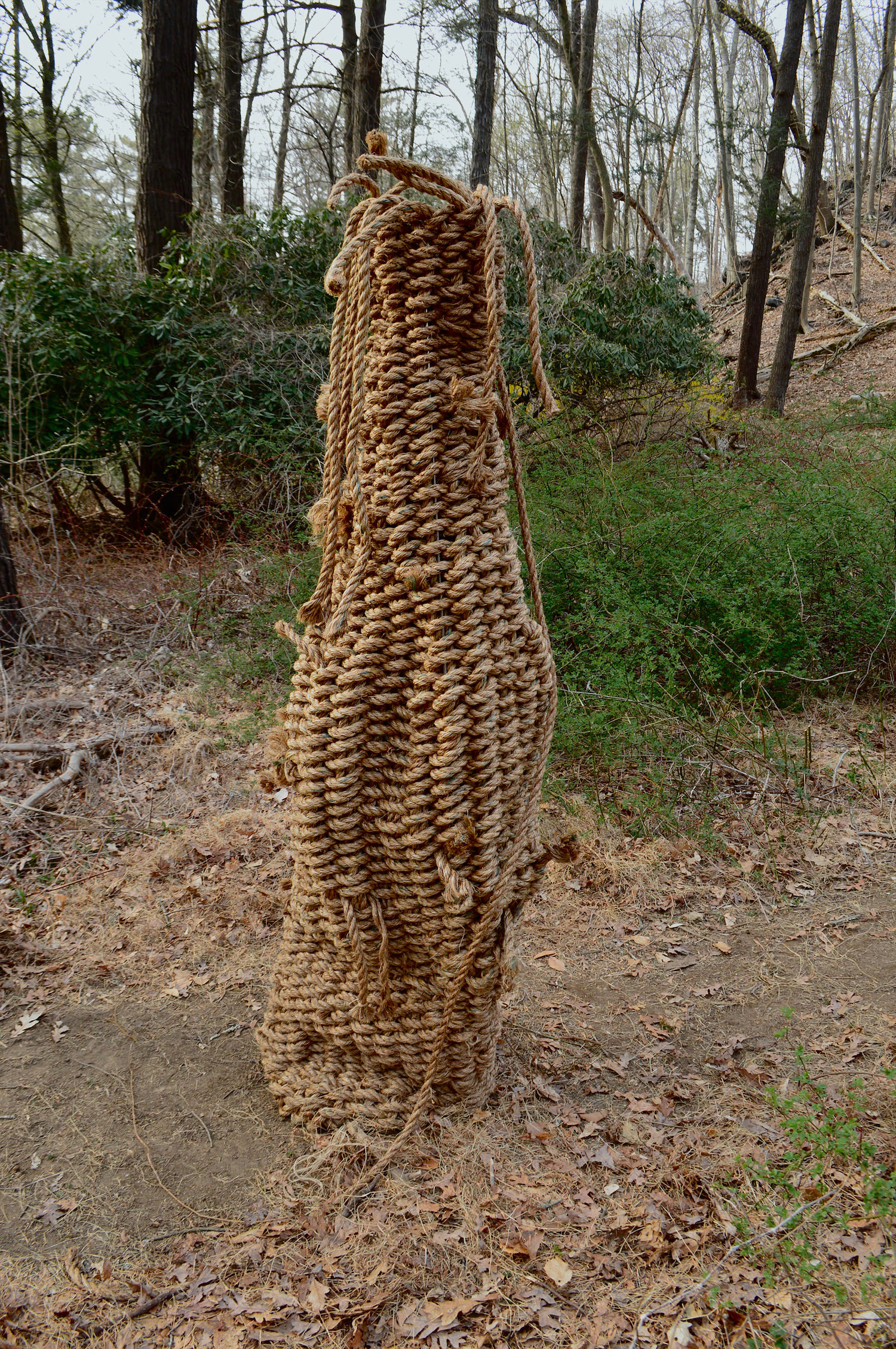 The side of the basket nearest the plaque is photographed. This work can be understood as site construction in the expanded field of sculpture, as part of the basket was woven on-site by participants. The bodily nature of the form mimics a limbed figure with a protruding stomach.