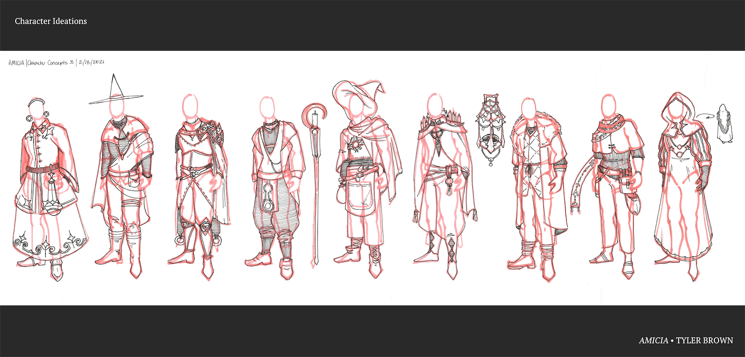 ID: Three scanned paper documents depicting the second collection of character design thumbnails are aligned on a dark gray background. There are nine different character designs, finalized from the last design thumbnail document, in a range of witchy and fantasy style outfits. All characters are drawn loosely in orange marker and details and hatching are finalized with black pen.

End ID.