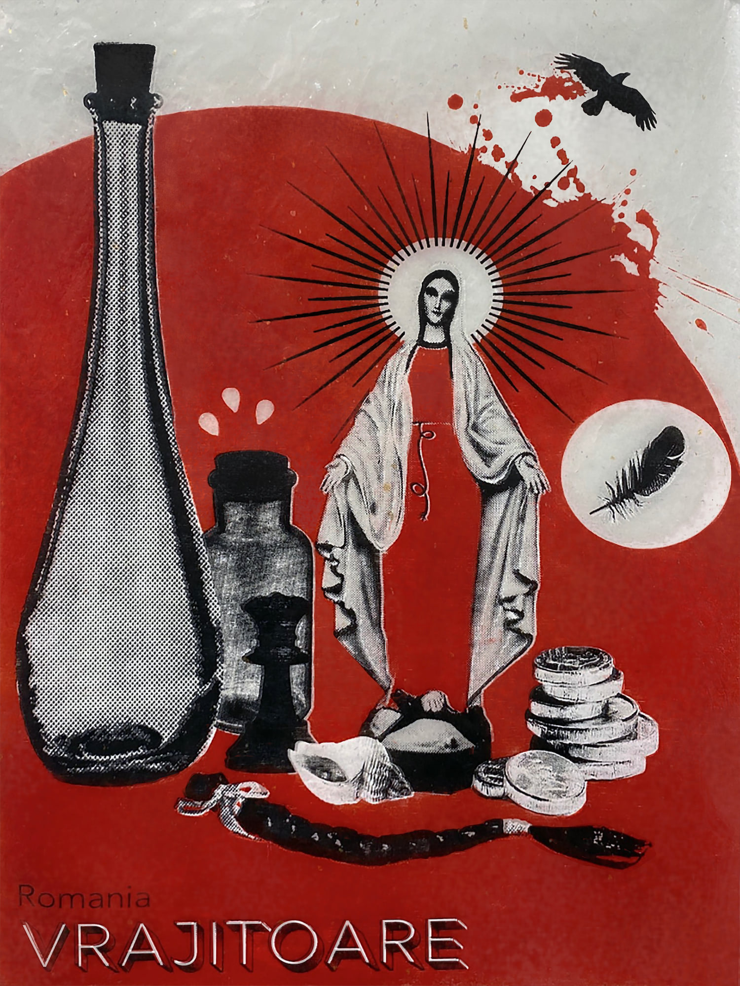 A large white, black, and red print of bottles, a saint statue, a feather, stacked coins, a seashell, and a braid of hair. The objects are surrounded by a red circle. At the bottom of the print is the word 