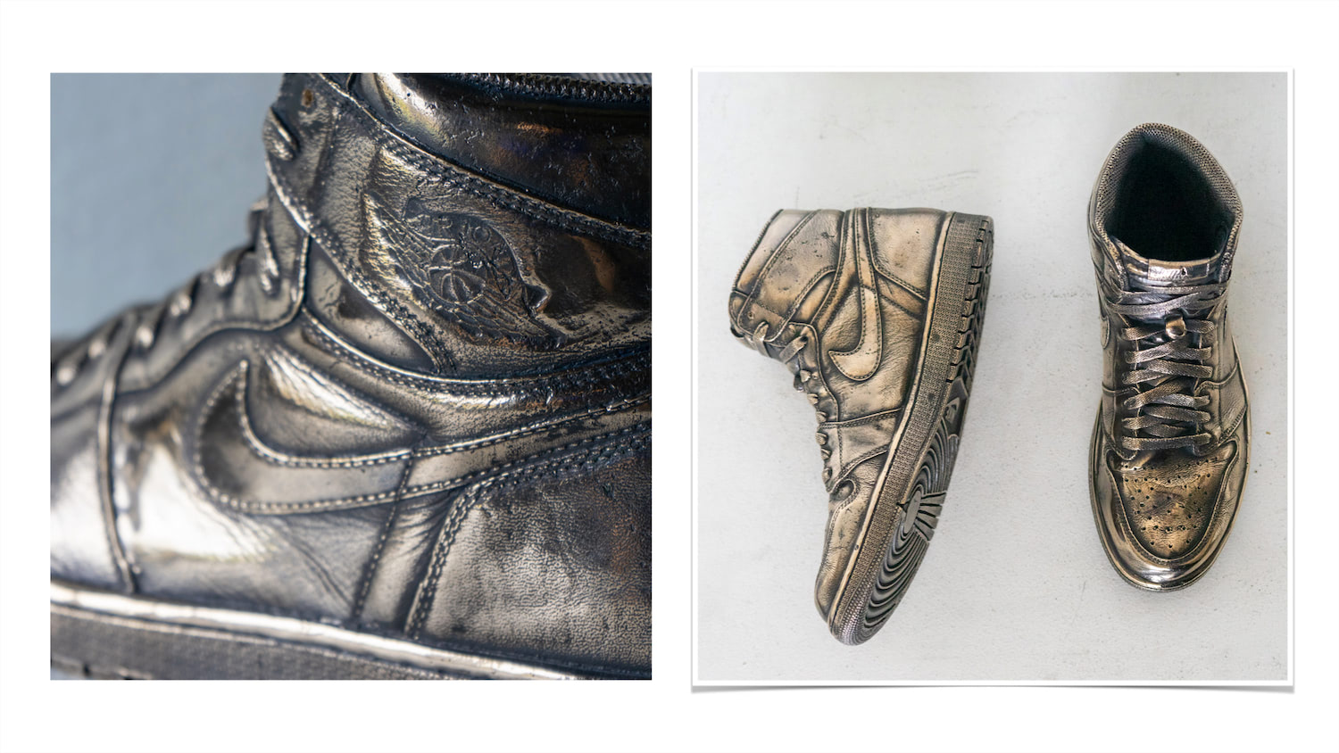 Creases and grain of leather are preserved in polished bronze, molded from worn metallic blue Air Jordan 1's.
