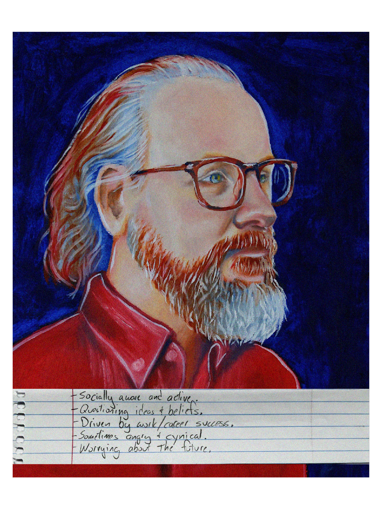 A painting of my dad, a man with a red beard and glasses, looking off to the right with a determined look in his eyes.
