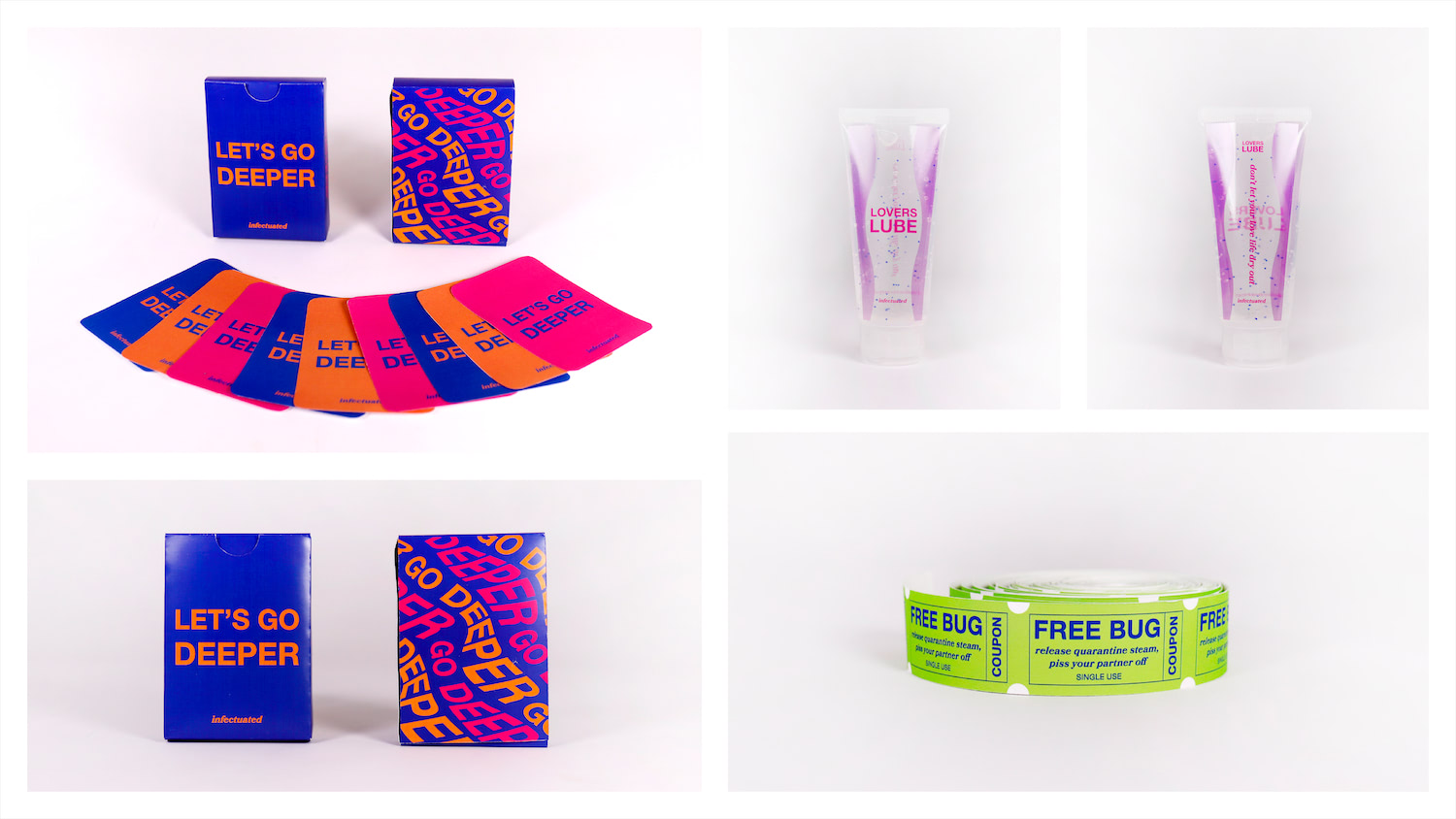 COMMITTED-19 Products: a card game, lovers lube, free bug coupons, and a mask.