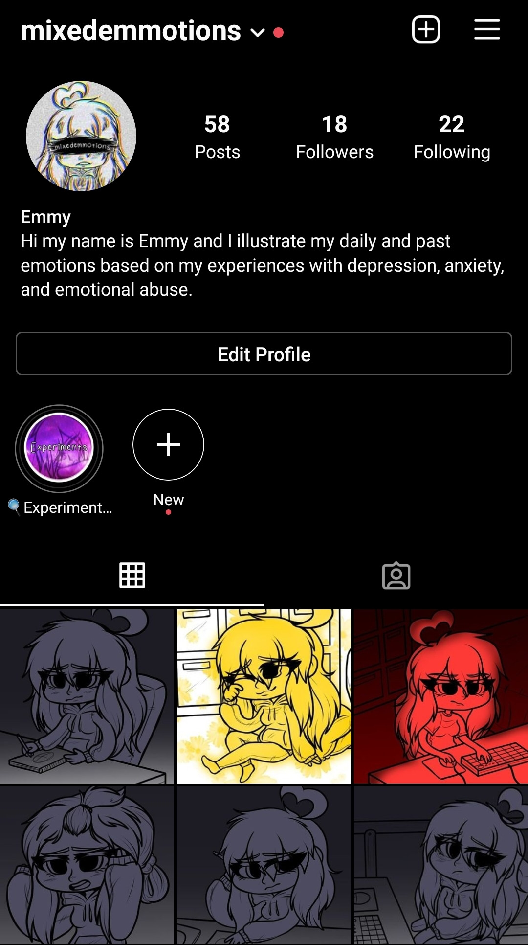 A screenshot of my Instagram page, which includes daily updates and highlights of my experimentation for this project.  Can be viewed @mixedemmotions.