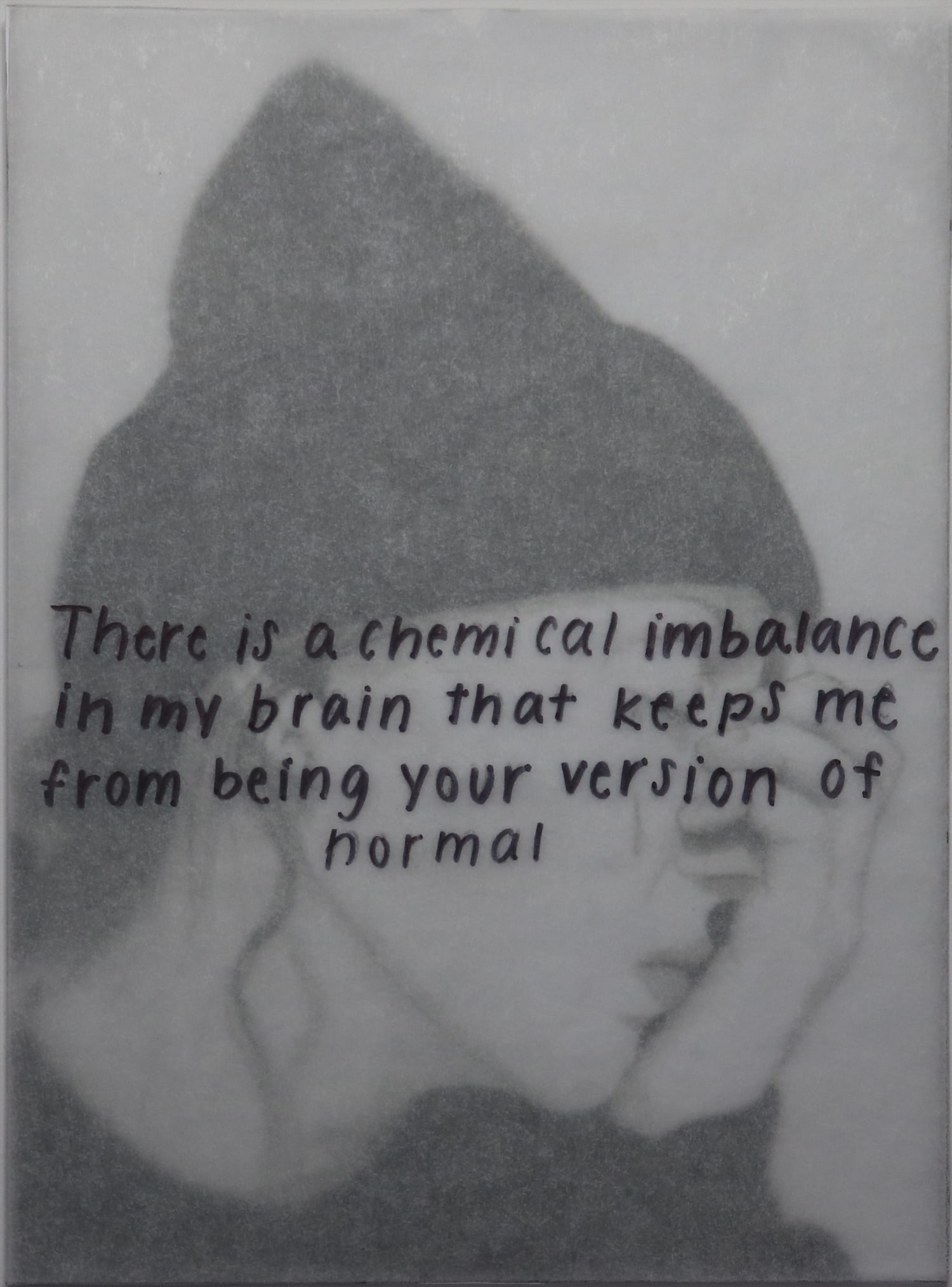 Illustration of a woman with hand over eyes and tears running down her face with tracing paper over top with words that read 