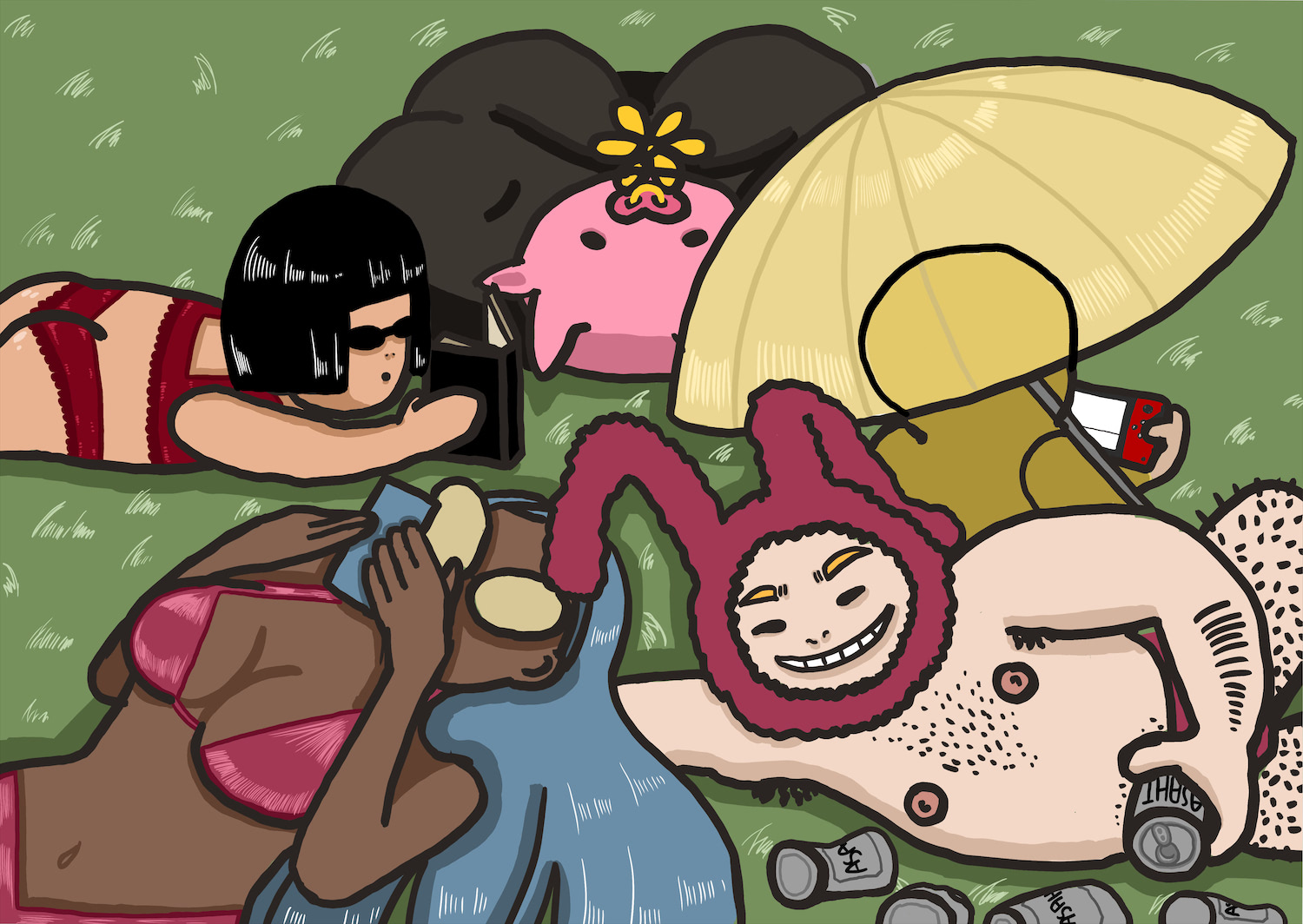 This is an illustration of Pinkman and his roommates on weekends. They like to take a rest in the backyard of their house. The image expresses their significant difference in personality. Giselle cannot get off her phone, Pinkman is an alcoholic, Aiden is peacefully smelling his flower, Delight is reading the bible, and Miki Moore just can't stand the sunlight and the real world.