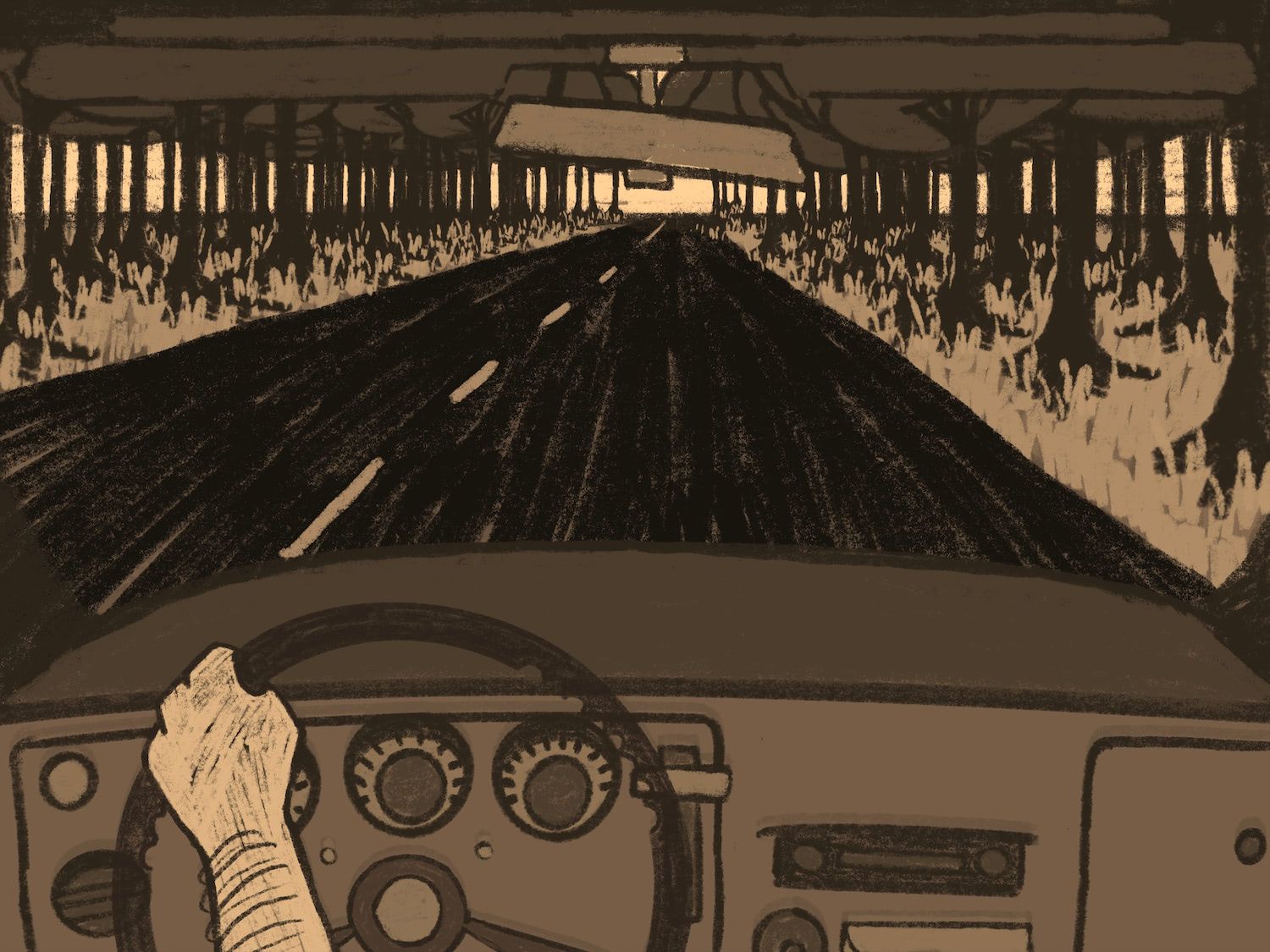 A man's arm can be seen steering a car down the back roads with many trees passing by. The road stretches beyond view.