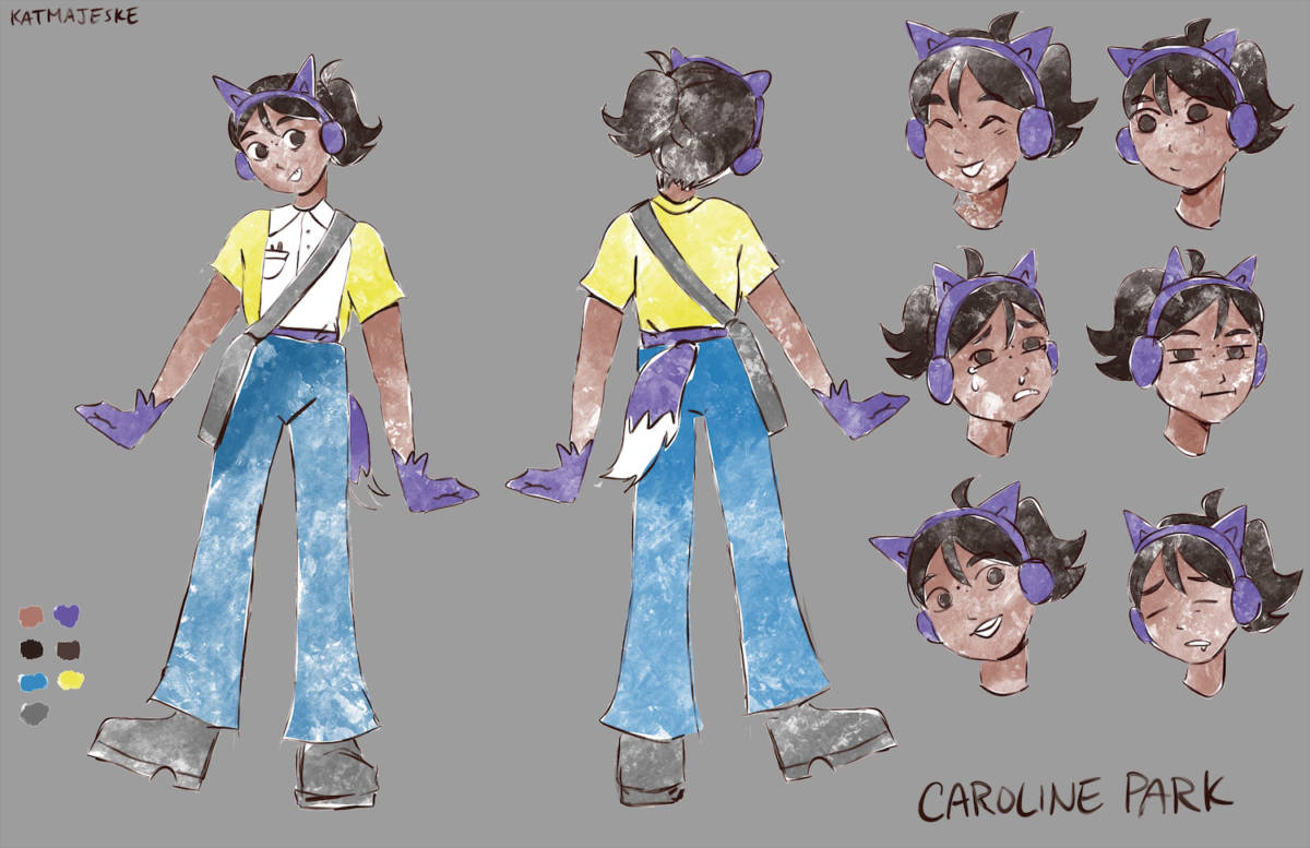Visual reference for Caroline Park, one of the main characters in the McCanney Middle School Anime Club project. Caroline wears a purple set of headphones with cat ears on them and a fake tail to complete the look. Her dark hair is tied up in a ponytail and over her shoulder Caroline wears a messenger bag.