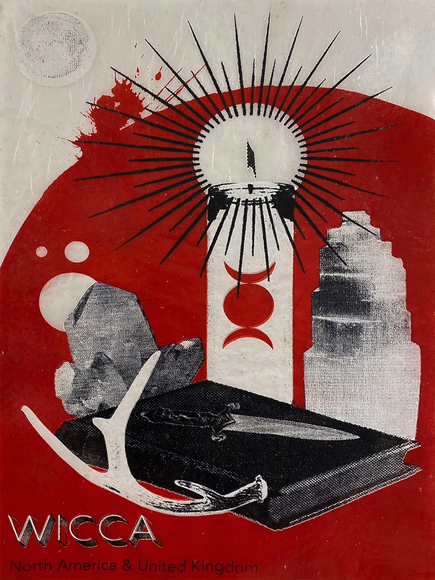 A large black, white, and red poster print containing a candle, a book, an antler, a dagger, and two crystals. The items are in a red circle. At the bottom of the print is the word 