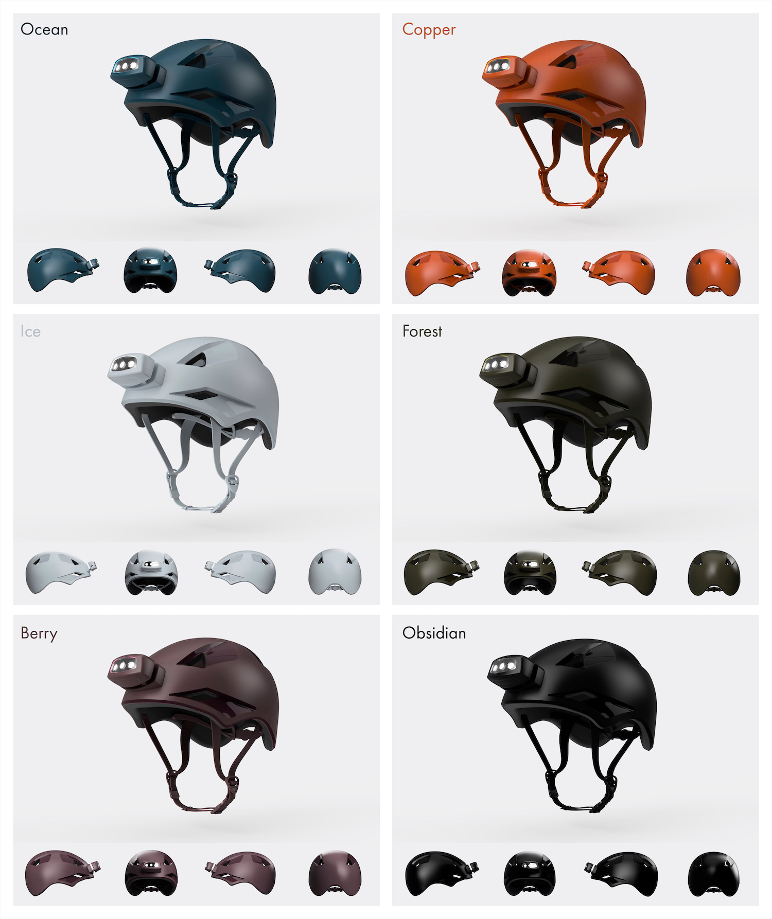 The full line of color choices for the Alpinight Helmet and Headlamp.