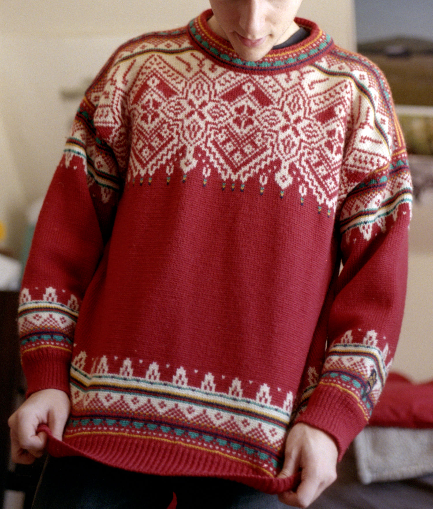 Image of Evan's red, knitted, Nordic sweater